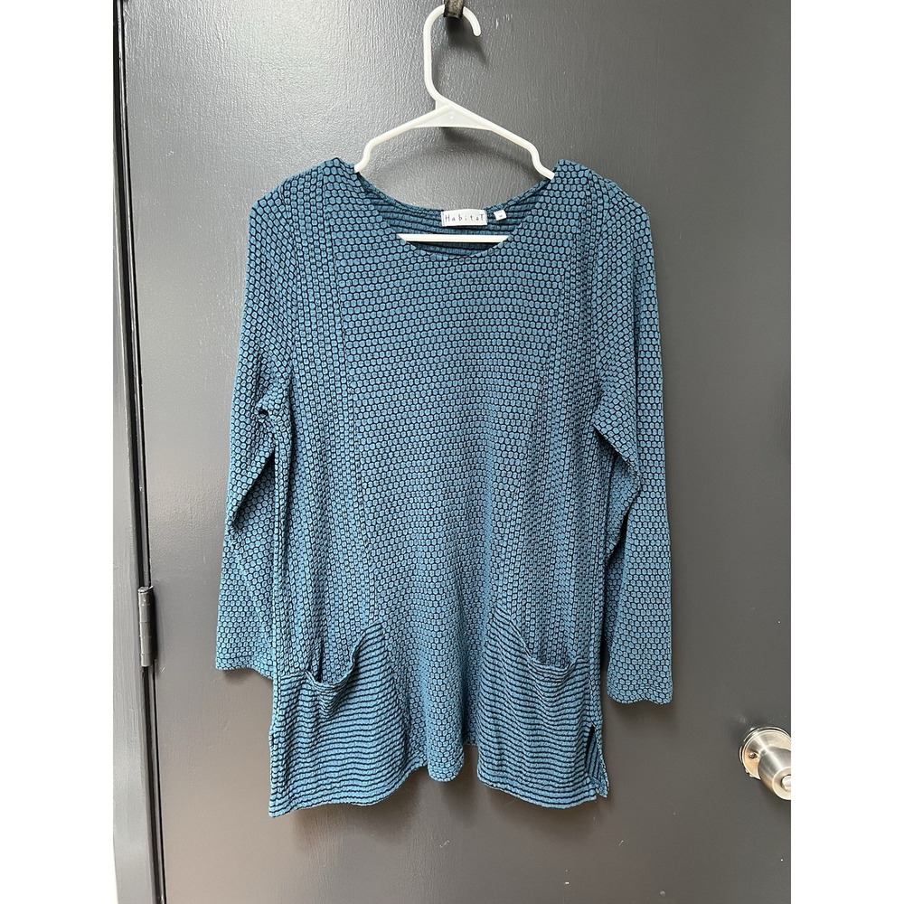Habitat Top Womens Size Medium Blue 3/4 Sleeve Polka Dot Pockets Flowy Career